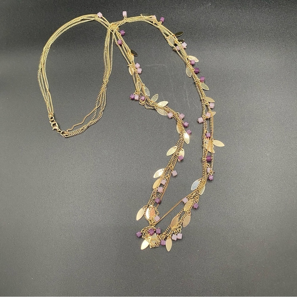 Pretty Dainty Multistrand Necklace with Gold Tone Leaves and Purple Square Beads